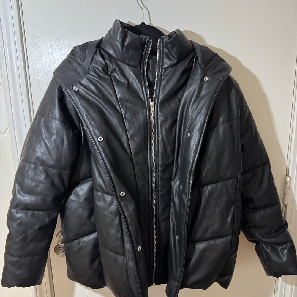 Women's Black Faux Leather Puffer Jacket